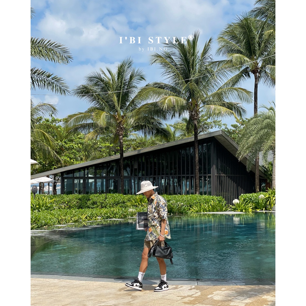 Áo sơ mi tay ngắn linen hoa xám/xanh