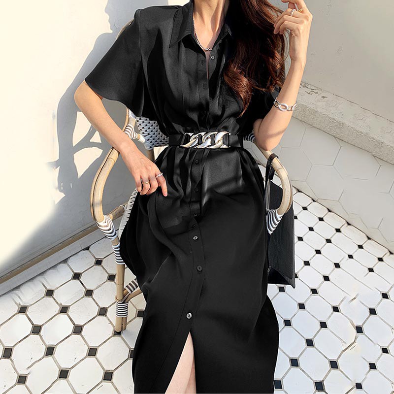 (ORDER) Váy sơ mi cộc tay cổ bẻ cài khuy xòe dài kèm đai lưng sang chảnh kiểu Pháp style retro