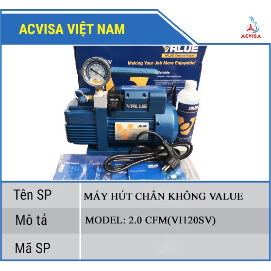 MÁY HÚT CHÂN KHÔNG VALUE 2.0 CFM ( VI120SV ) KÈM ĐỒNG HỒ HIỂN THỊ BÁO ÁP