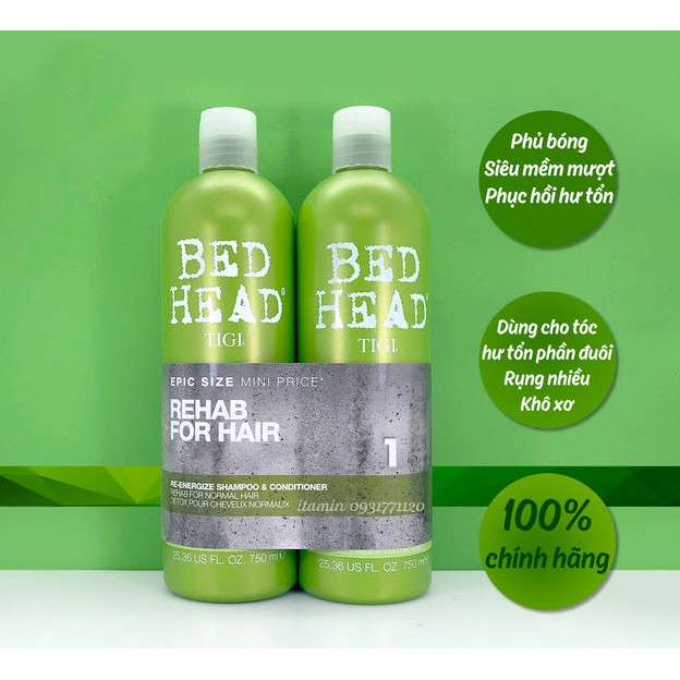 [Chính Hãng]Cặp Dầu Gội Xả Phục Hồi Tóc Hư Tổn Tigi Bed Head Số 1 - Màu Xanh Lá