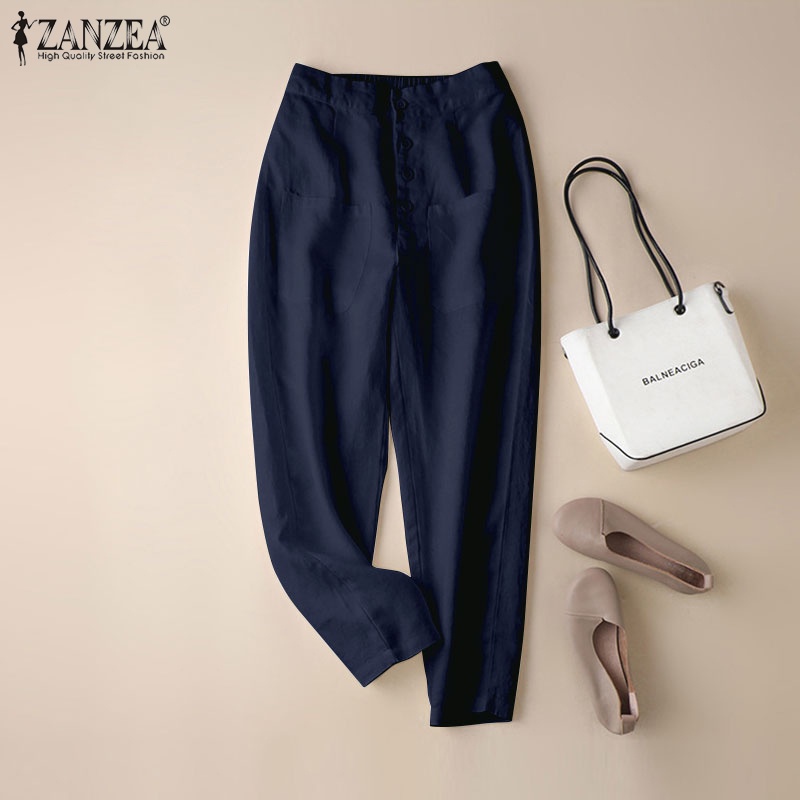 Quần ZANZEA ống rộng màu trơn phong cách Hàn Quốc cho nữ