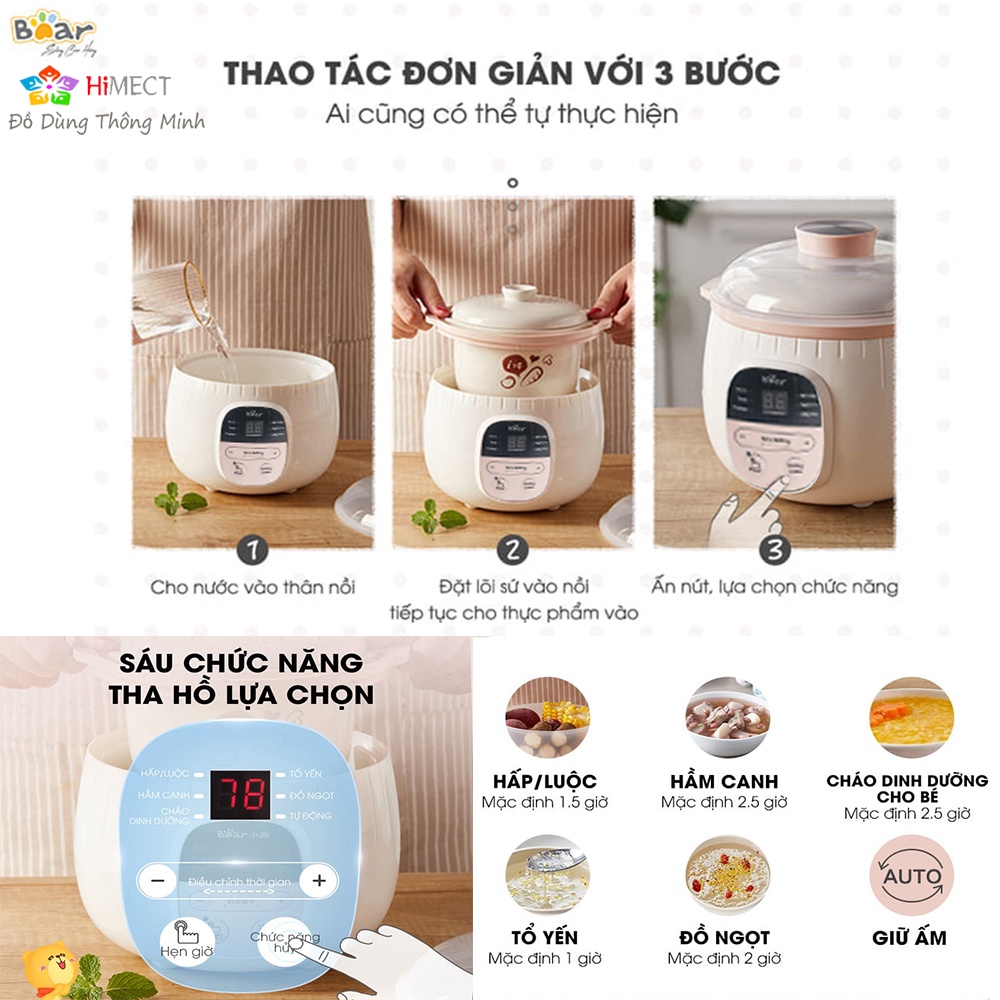 Nồi Nấu Cháo Chậm Cho Bé, Nồi Nấu Chậm Bear 0.8 Lít Ninh Hầm Cách Thủy Đa Năng Cao Cấp Sube001-Himect