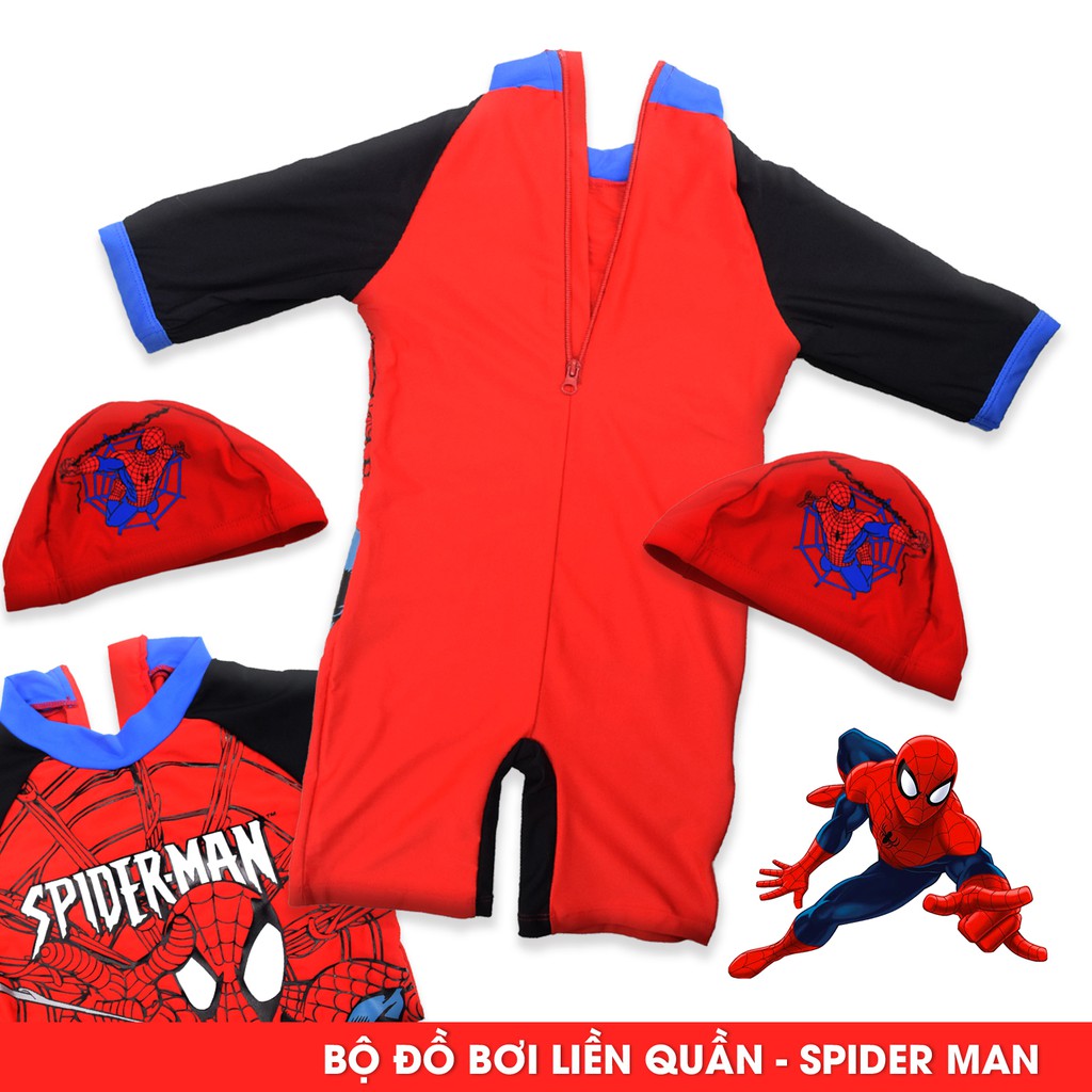 Đồ bơi bé trai bộ liền thân kèm mũ mẫu người nhện Spider Man vải lycra cao cấp