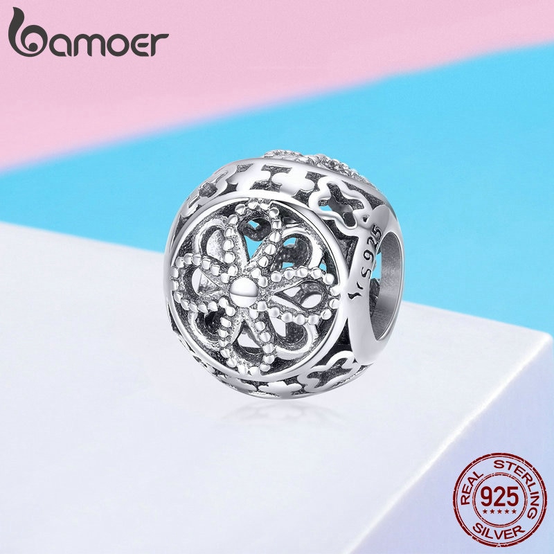 Hạt phụ kiện Bamoer bằng bạc 925 hình hoa dùng để làm vòng tay/dây chuyền thủ công xinh xắn