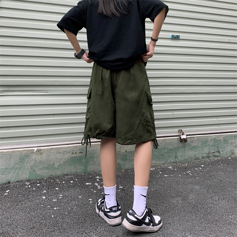 Quần ngắn ống rộng Lưng Cao Phối Dây Rút Có 3 Màu Thời Trang Retro Cho Nữ