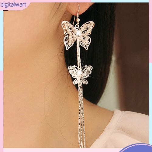Đôi khuyên tai 2 dây dài hình bướm đính đá quý nhân tạo lấp lánh sang trọng cá tính dành cho nữ