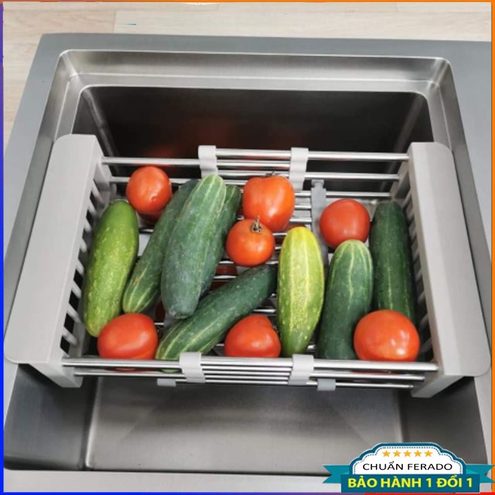 Rổ inox đặt ngang bồn rửa chén, co giãn thoải mái
