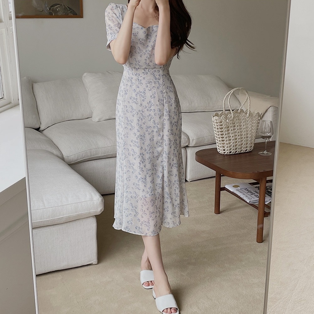 SUXI Đầm Tay Ngắn Cổ Chữ V Họa Tiết Hoa Thiết Kế Đơn Giản Phong Cách Vintage