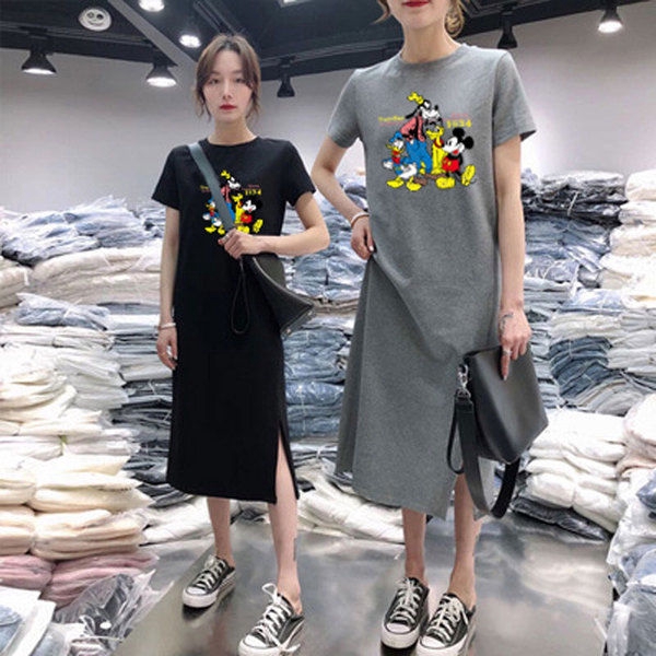 Đầm Thun Dáng Dài Xẻ Tà In Hình Chuột Mickey Thời Trang Hè 2020 Size M-3xl