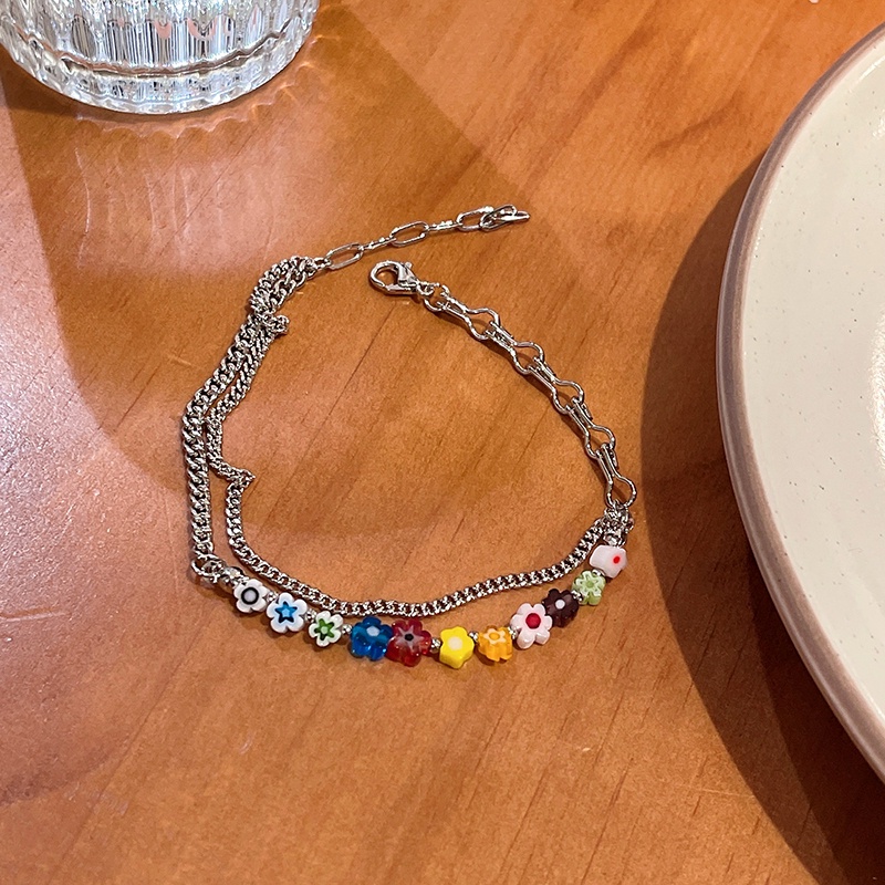 Vòng Đeo Tay Hai Lớp Họa Tiết Hoa Nhỏ Tráng Men Nhiều Màu Sắc Phong Cách Hàn Quốc 19A159