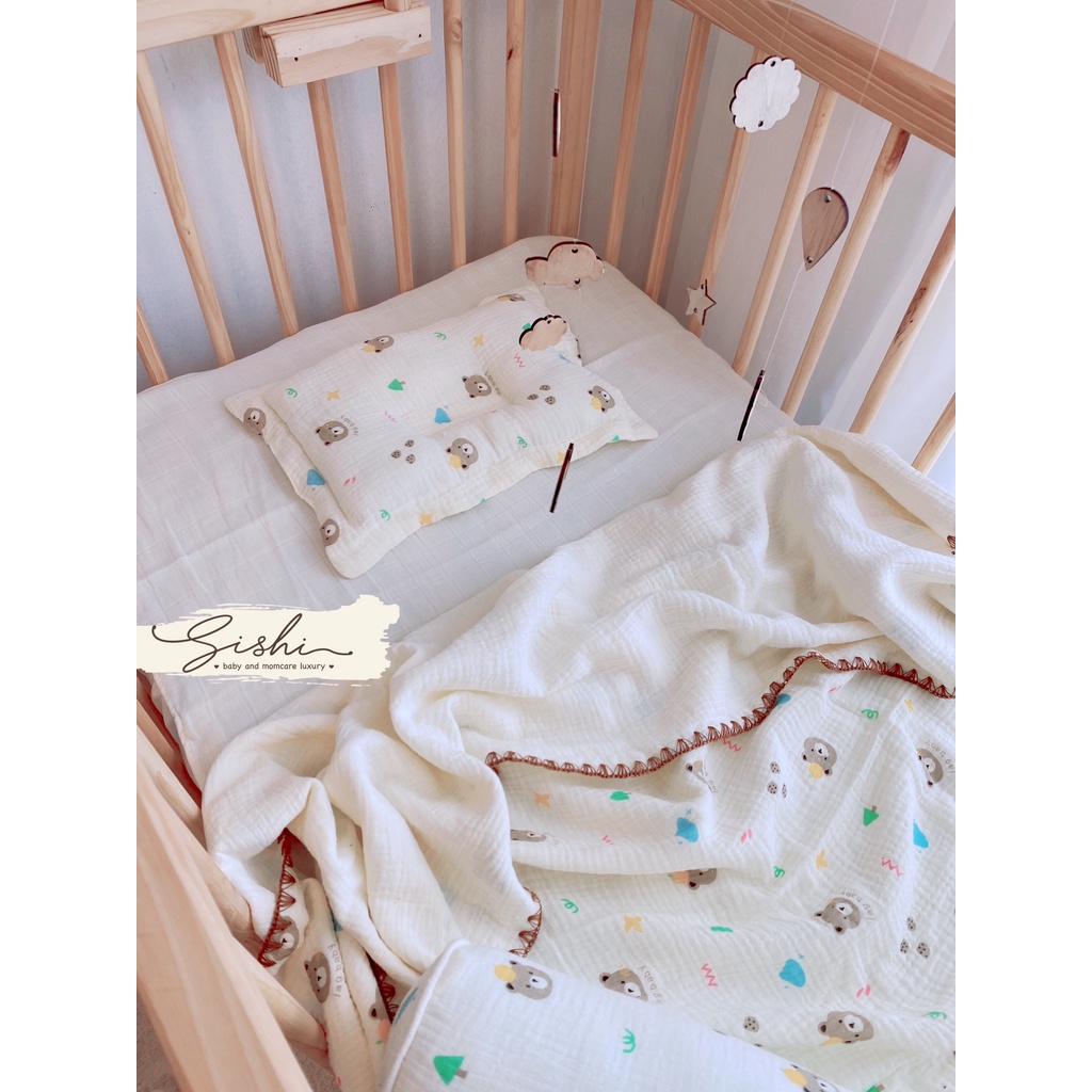 Set chăn gối 6 món vải xô muslin OME x Sishi cao cấp cho bé