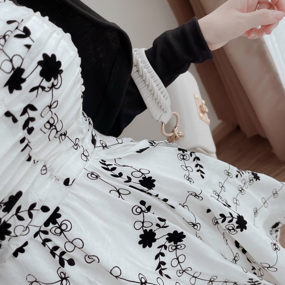 Set váy 2 dây dáng xòe in họa tiết hoa kèm áo khoác đen tay dài sang chảnh thiết kế dự tiệc dạo phố XM đầm Minh Phúc