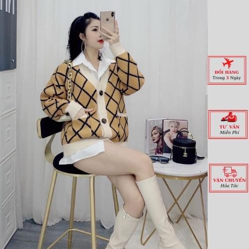 Áo cardigan len nữ oversize phom rộng kẻ caro vàng ulzzang Hàn Quốc