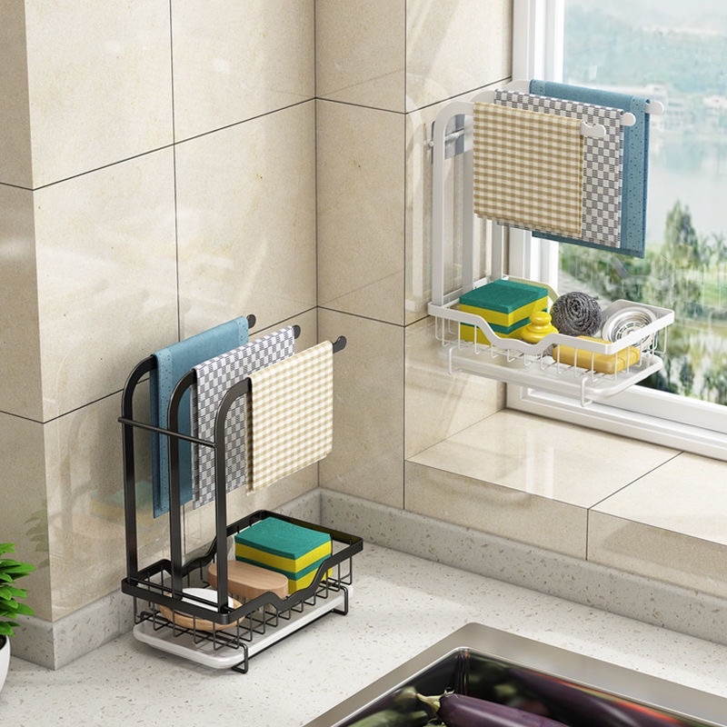 Giá treo khăn rửa bát, xà phòng có khay hứng. Kệ treo nhà bếp, phòng tắm đa năng