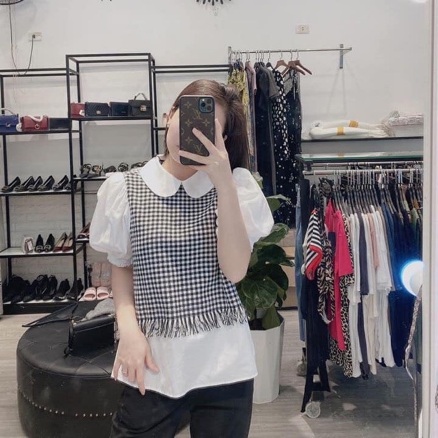 ÁO TRẮNG PHỐI CARO NHỎ CỔ SEN