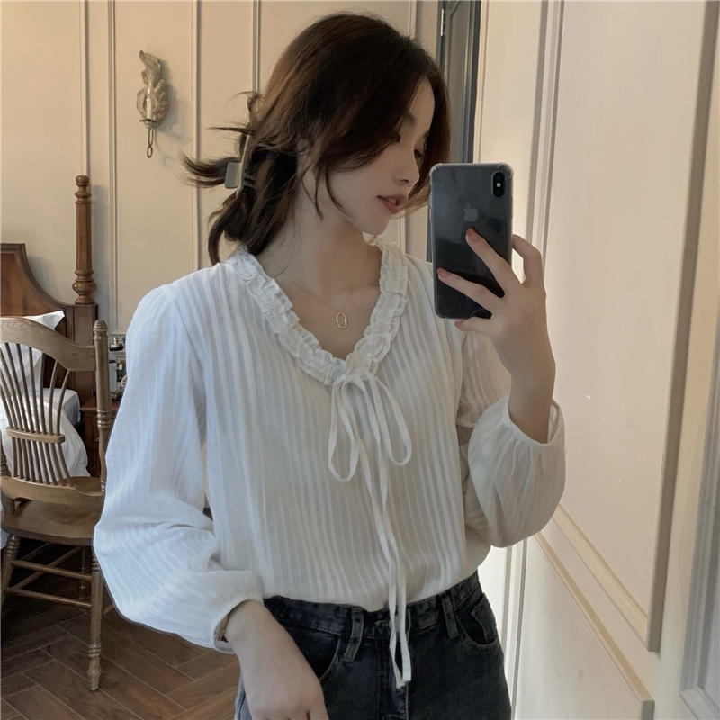 SUXI Áo Sơ Mi Trắng Tay Dài Cổ Chữ V Dáng Rộng Phong Cách Hàn Quốc Thời Trang Mùa Thu Cho Nữ