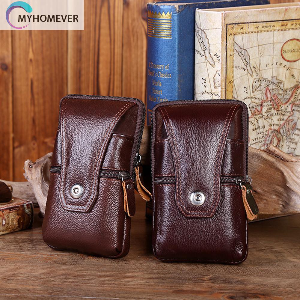 myhomever Men Genuine Leather Waist Bag Business Waterproof Phone Belt Bum Zip Pouch