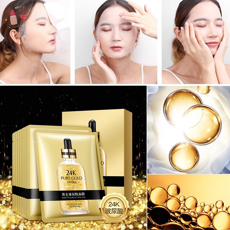 10 Pcs 24K Gold Hyaluronic Acid Facial Mask Moisturizing Shrink Pores Skin Care
