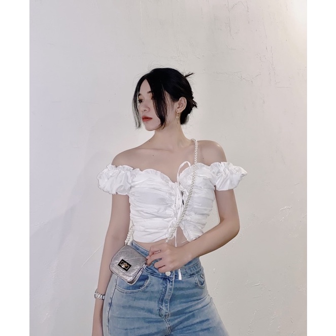 Áo Bẹt Vai Nhún Tay Ngắn Đan Dây