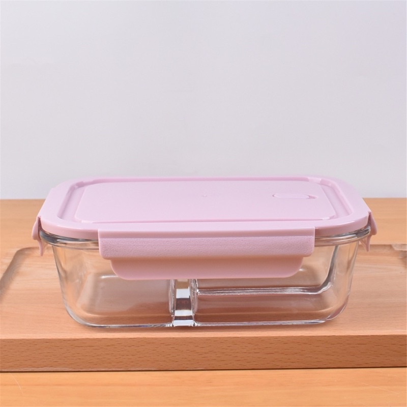 Set Hộp Cơm Thuỷ Tinh Màu Hồng -  Hộp 1L Chữ Nhật 2 Ngăn + Hộp 620ml Tròn - Hộp Mang Cơm Văn Phòng - Chống Tràn