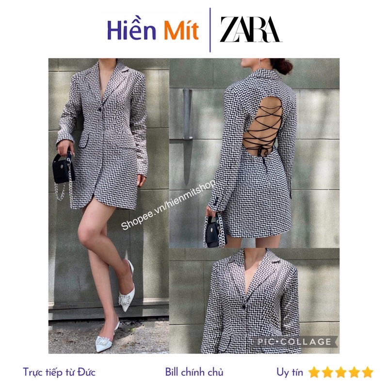 ZARA Đức - Đầm chính hãng auth new tag cao cấp có sẵn sale váy dạ tweed caro trắng đen hở lưng ngắn blazer vest 8342/334