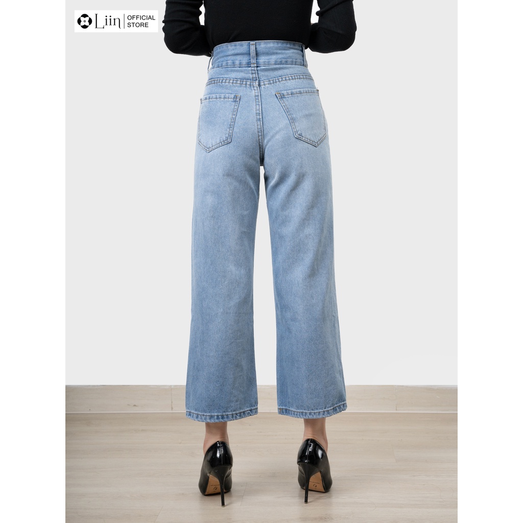 Quần jean suông cạp cao trơn phong cách trẻ trung, màu xanh, dễ phối đồ Liin Clothing Q3643