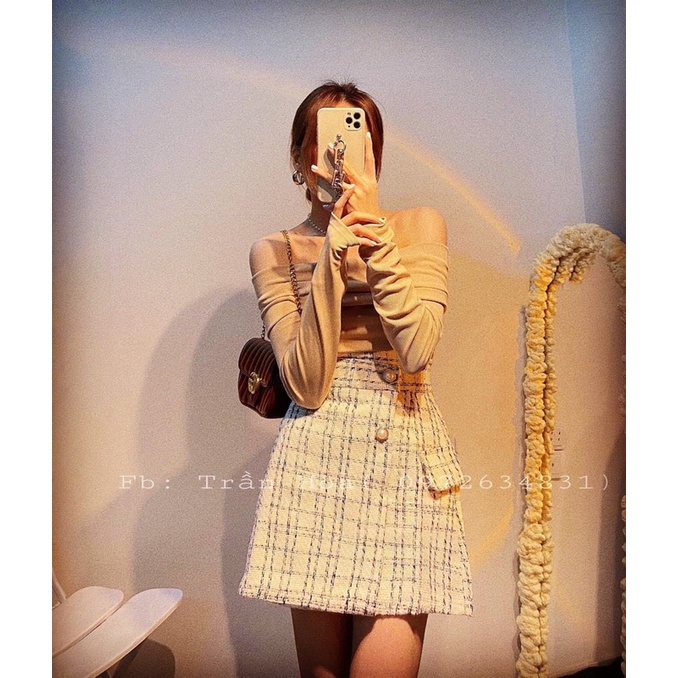 SET ÁO KEM GÂN BẸT VAI + CHÂN VÁY KẺ CARO BỐ