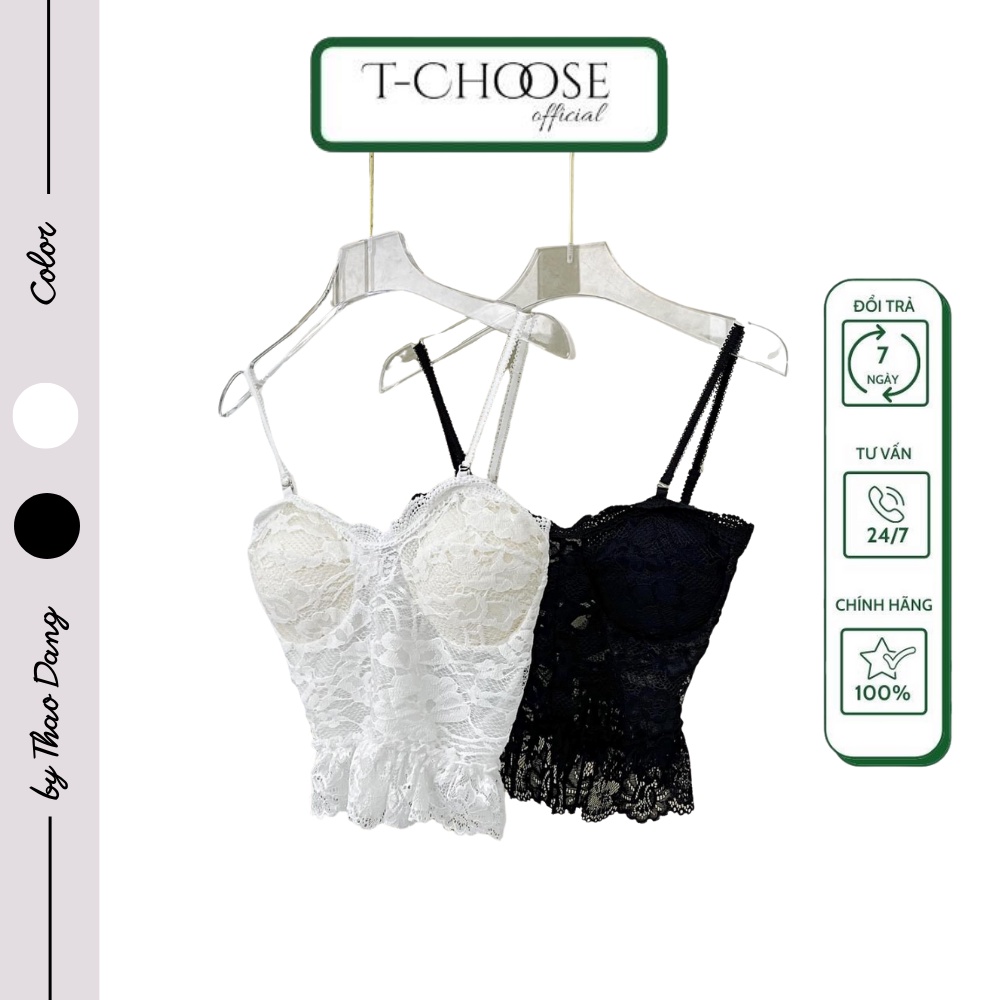 Áo Tchoose, áo ren nữ 2 dây dáng croptop cúp đệm ngực đan dây lưng - T768