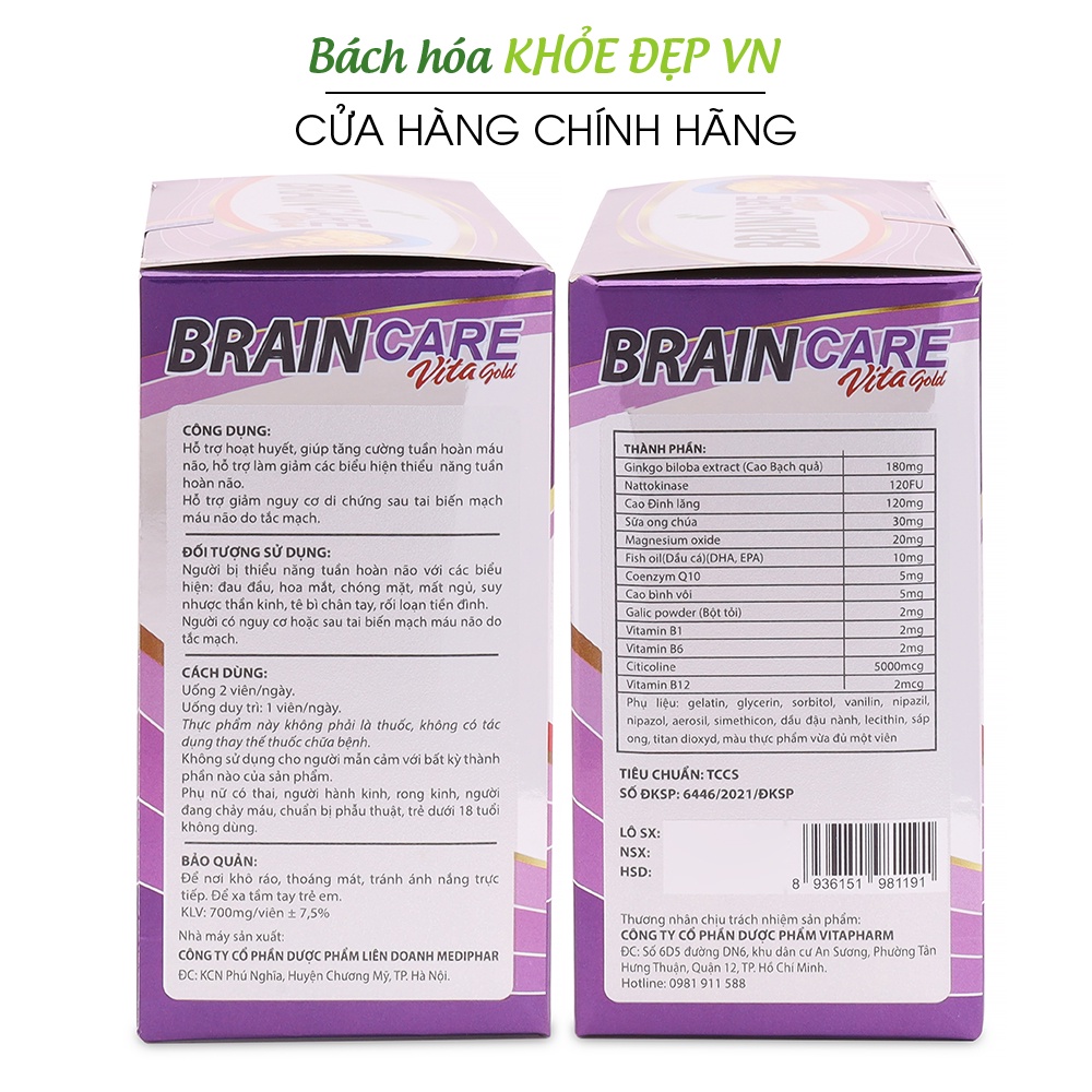 Hoạt huyết dưỡng não BRAIN CARE Ginkgo Biloba, nattokinase - 100 viên