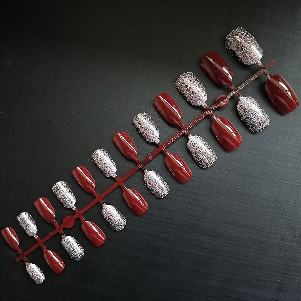 [Hàng mới về] Set 24 móng tay giả kiểu Pháp đầu vuông đính kim tuyến lấp lánh