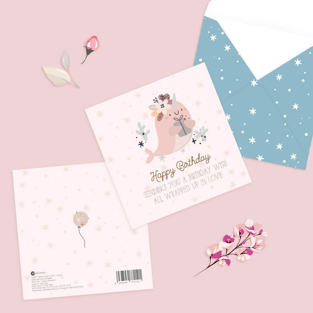 Thiệp chúc mừng sinh nhật SDstationery Ocean 12x12 màu pastel nhẹ nhàng minh họa dễ thương cute cho người yêu biển