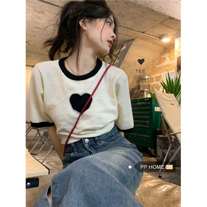 Áo Thun Dệt Kim Tay Ngắn Dáng Rộng In Hình Trái Tim Dễ Thương