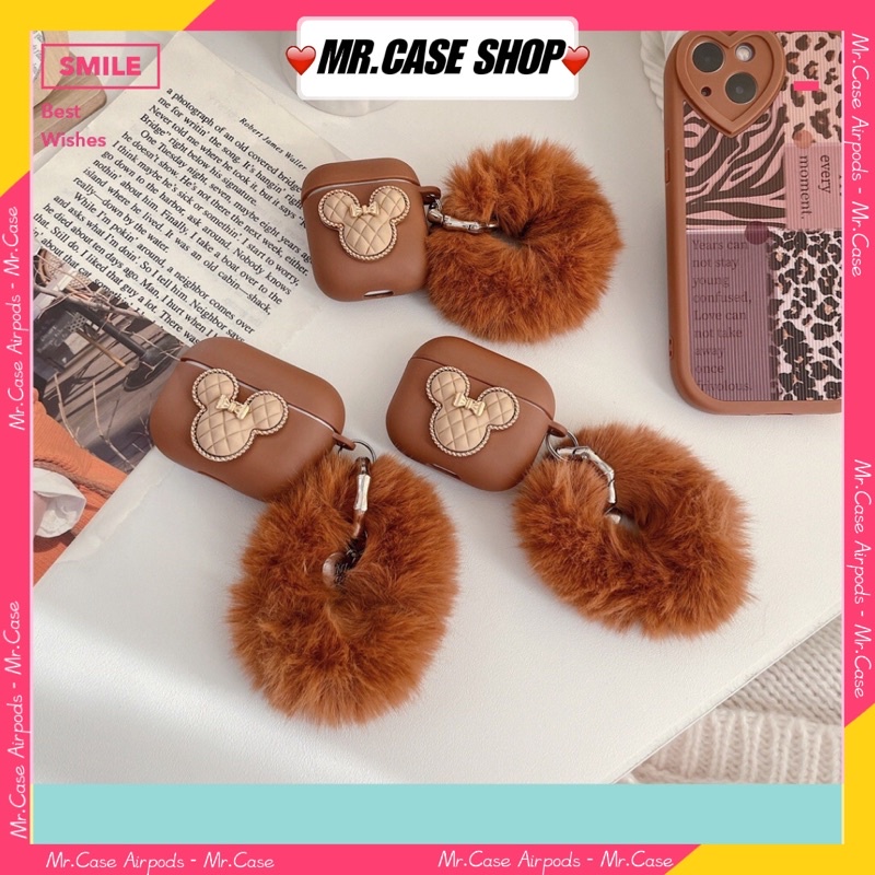 Case Airpods 1/2 /Pro Vỏ Ốp Tai Nghe Hình Mickey Nâu Kèm Cục Bông - Mr.Case AirPods