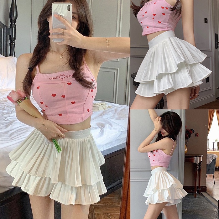 Chân Váy Xếp Ly Ngắn 2 Tầng Màu Trắng Hàng Loại 2 Siêu Hót Freeship, Chân Váy Tầng Ngắn Xếp Ly Xòe S