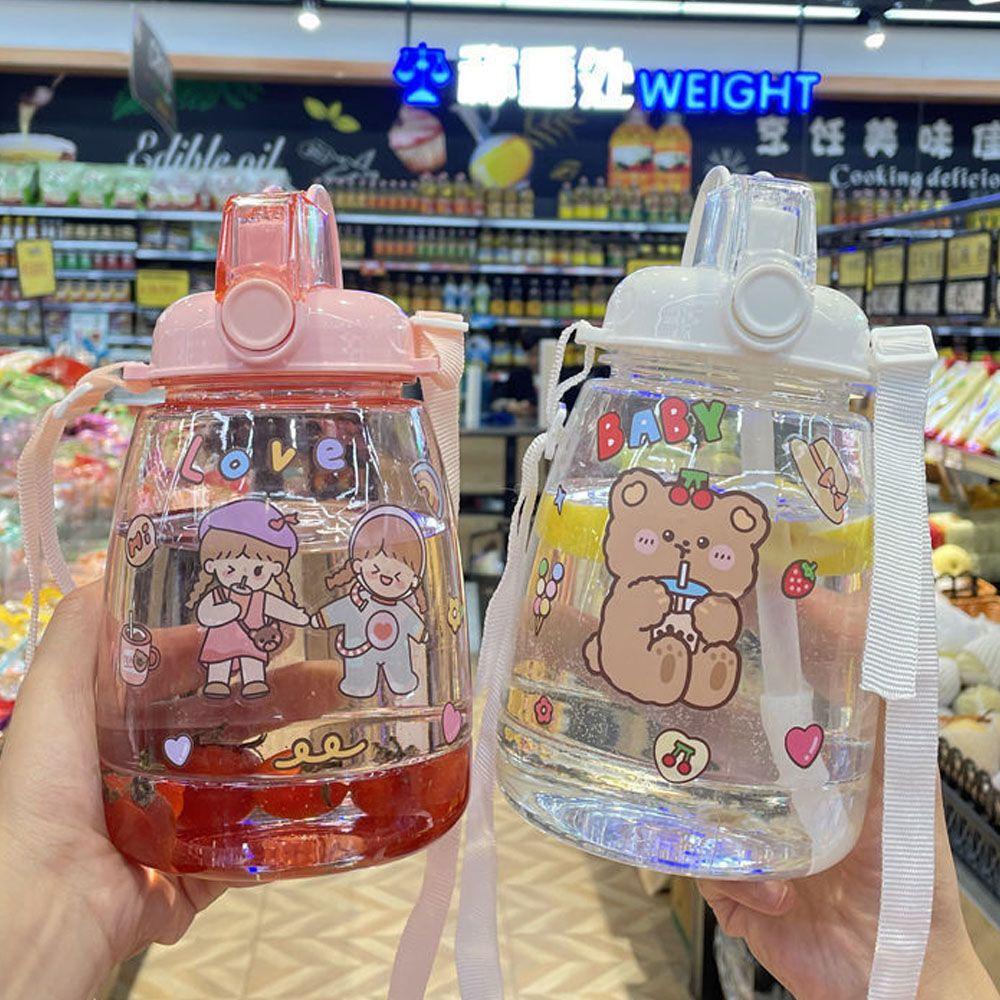 YIYU Bình Nước Dung Tích Lớn In Họa Tiết Hoạt Hình Kèm Ống Hút Và Dây Đeo Tiện Dụng Cho Bé