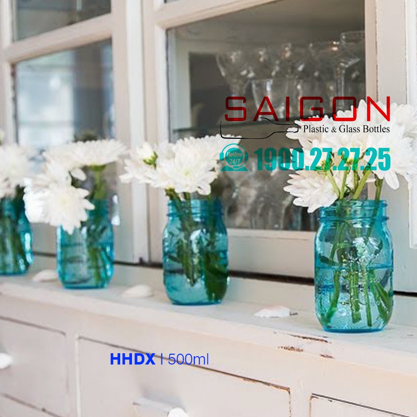 Hũ Thủy tinh Mason 500ml màu Xanh Dùng Cắm hoa trang trí bàn tiệc
