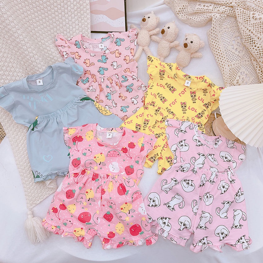Bộ Quần Áo Trẻ Em Cộc Tay In Hình Mèo Dâu LOL Xinh Xắn Vải Cotton Cho Bé Gái Từ 8-20kg Mã CT47