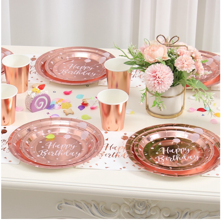 Set đĩa/ cốc/ khăn giấy màu vàng hồng dùng một lần cho tiệc cưới/ sinh nhật