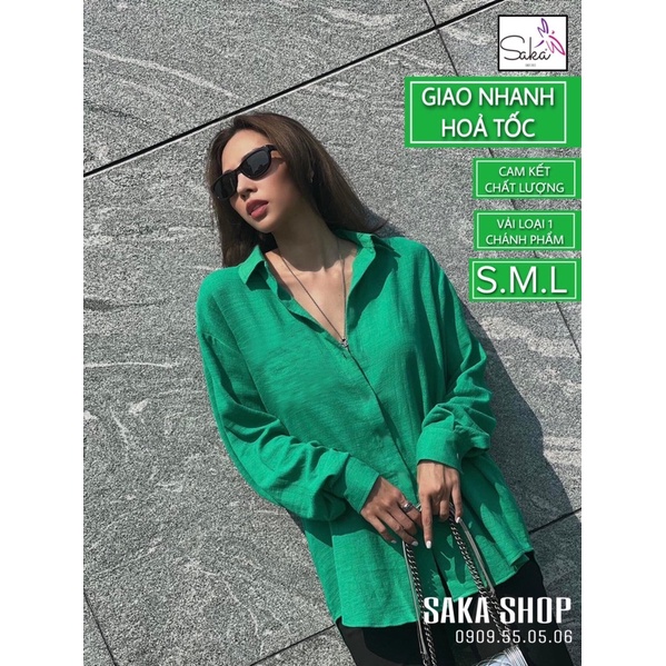 Áo sơ mi nữ xanh lá cây tay dài lụa đũi xước loại 1