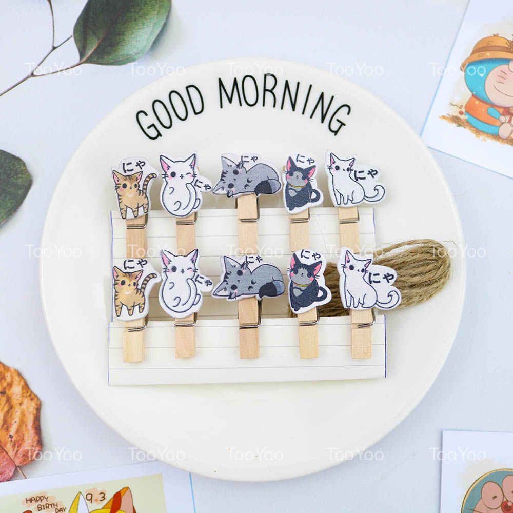 SET 10 Kẹp gỗ treo ảnh chủ đề MÈO kèm 140cm dây dễ thương cute TooYoo TY0240
