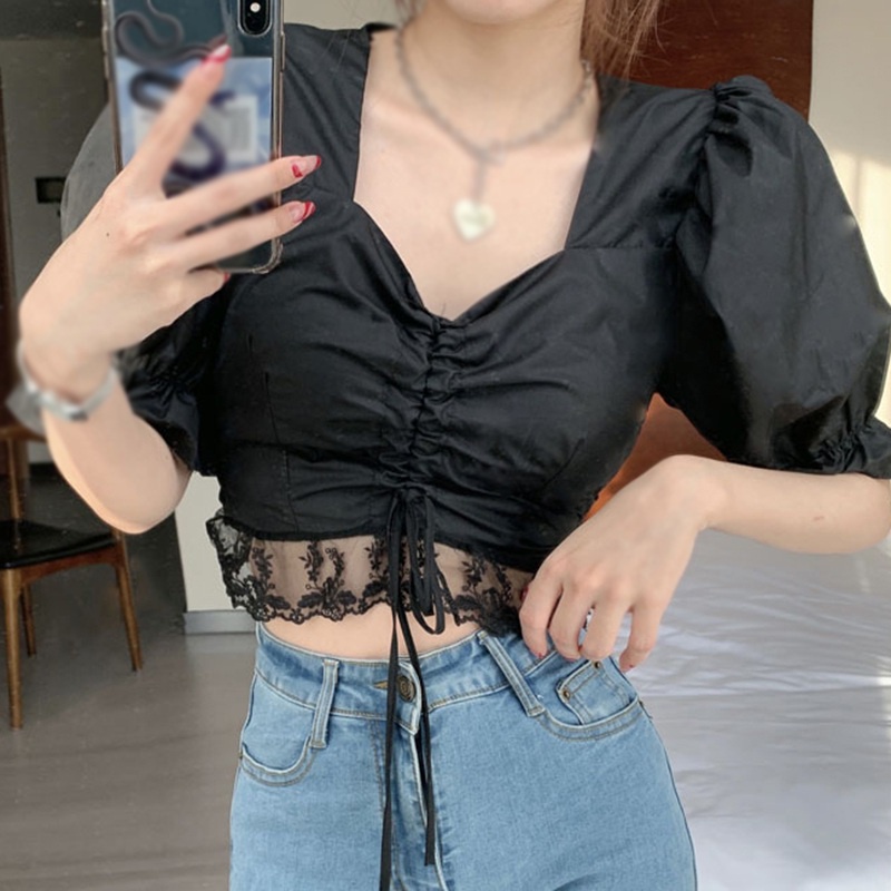 Áo croptop chiffon tay phồng cổ chữ V màu sắc ngọt ngào phong cách Hàn Quốc cổ điển dành cho nữ