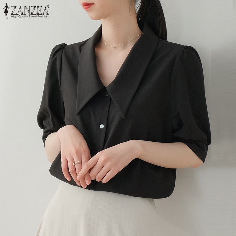 Áo sơ mi ZANZEA tay ngắn cổ bẻ cài nút thời trang Hàn Quốc cho nữ
