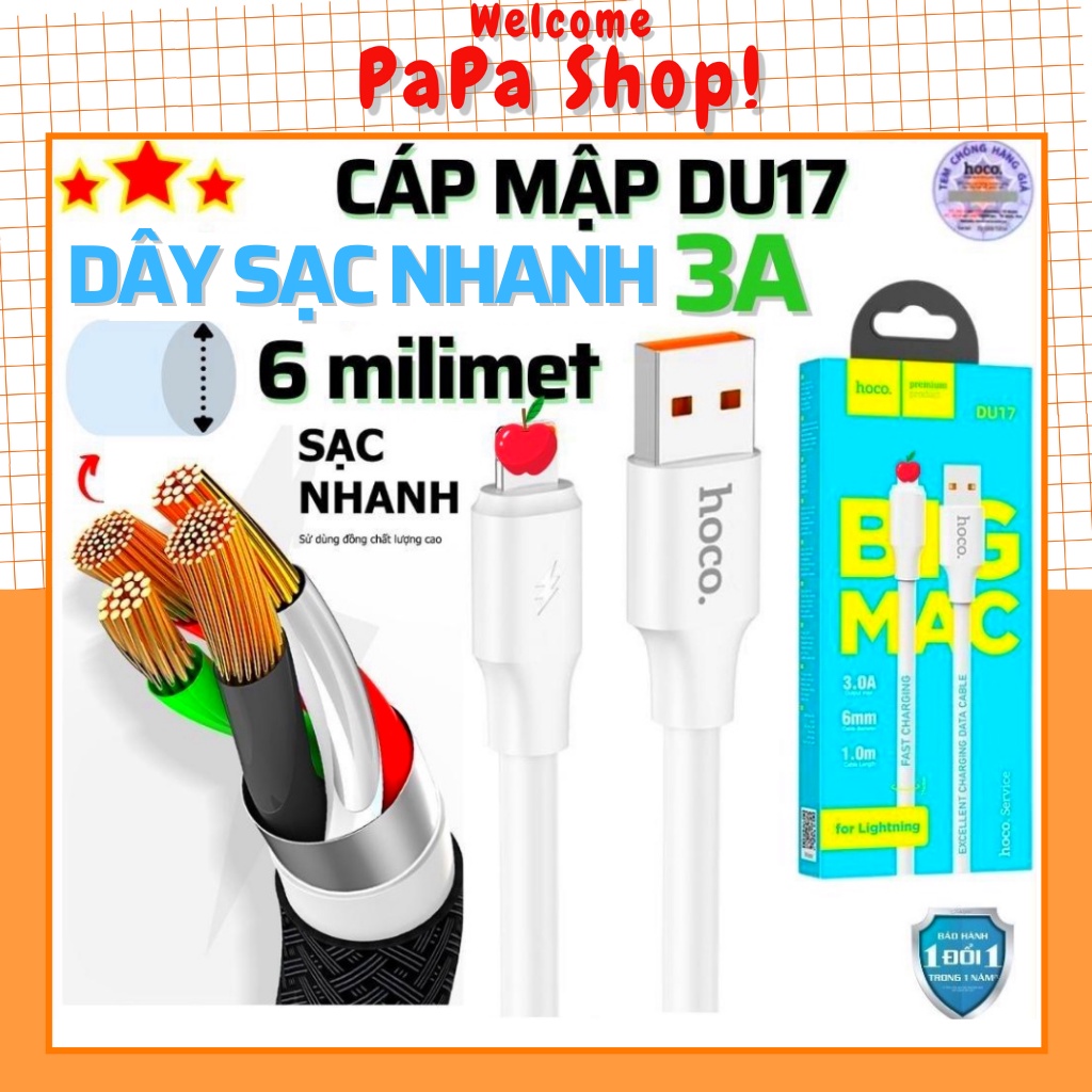 Cáp sạc Hoco DU17 dành cho IP7/8/7plus/8plus/x/xsmax/11/12/13/promax dòng điện 3A hỗ trợ sạc nhanh ổn định