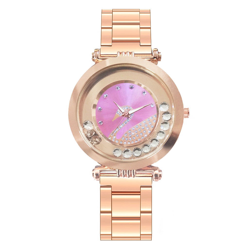 Đồng hồ quartz nữ đính đá phối dây thép không gỉ sang trọng thanh lịch
