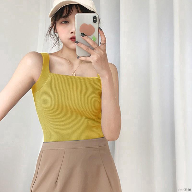 Áo Croptop Dệt Kim Nữ Sát Nách Cổ Vuông Màu Trơn Gợi Cảm