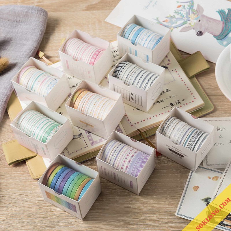 Bộ 10 cuộn washi tape dễ thương trang trí bullet journal, set băng dính dán đa năng WA06