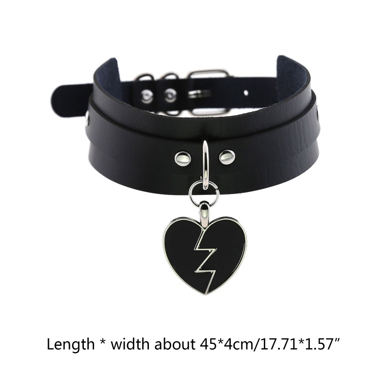 Vòng Cổ Choker Da Pu Màu Đen Phối Mặt Trái Tim Vỡ Có Thể Điều Chỉnh Kích Cỡ