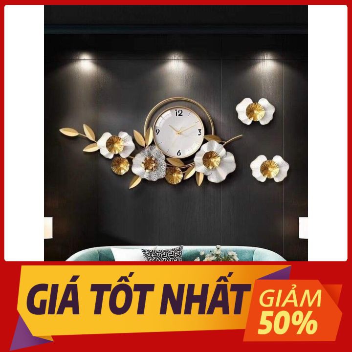 [HÀNG CAO CẤP] Đồng Hồ Treo Tường Trang Trí Nghệ Thuật Hoa Mai Trắng 95x55cm Thép Mạ Sơn Chống Gỉ Bạc Màu A2106