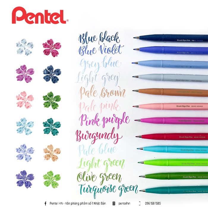 Bút Viết Thư Pháp Calligraphy Pentel Brush Sign Pen SES15C | 12 Màu Cơ Bản và 12 Màu Pastel