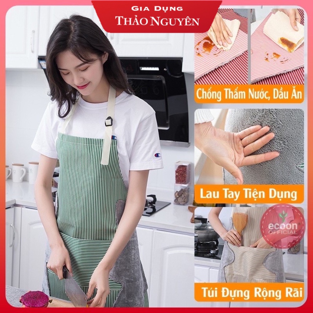 Tạp dề nấu ăn không thấm nước có túi trước bụng đựng đồ và khăn lau hai bên hông